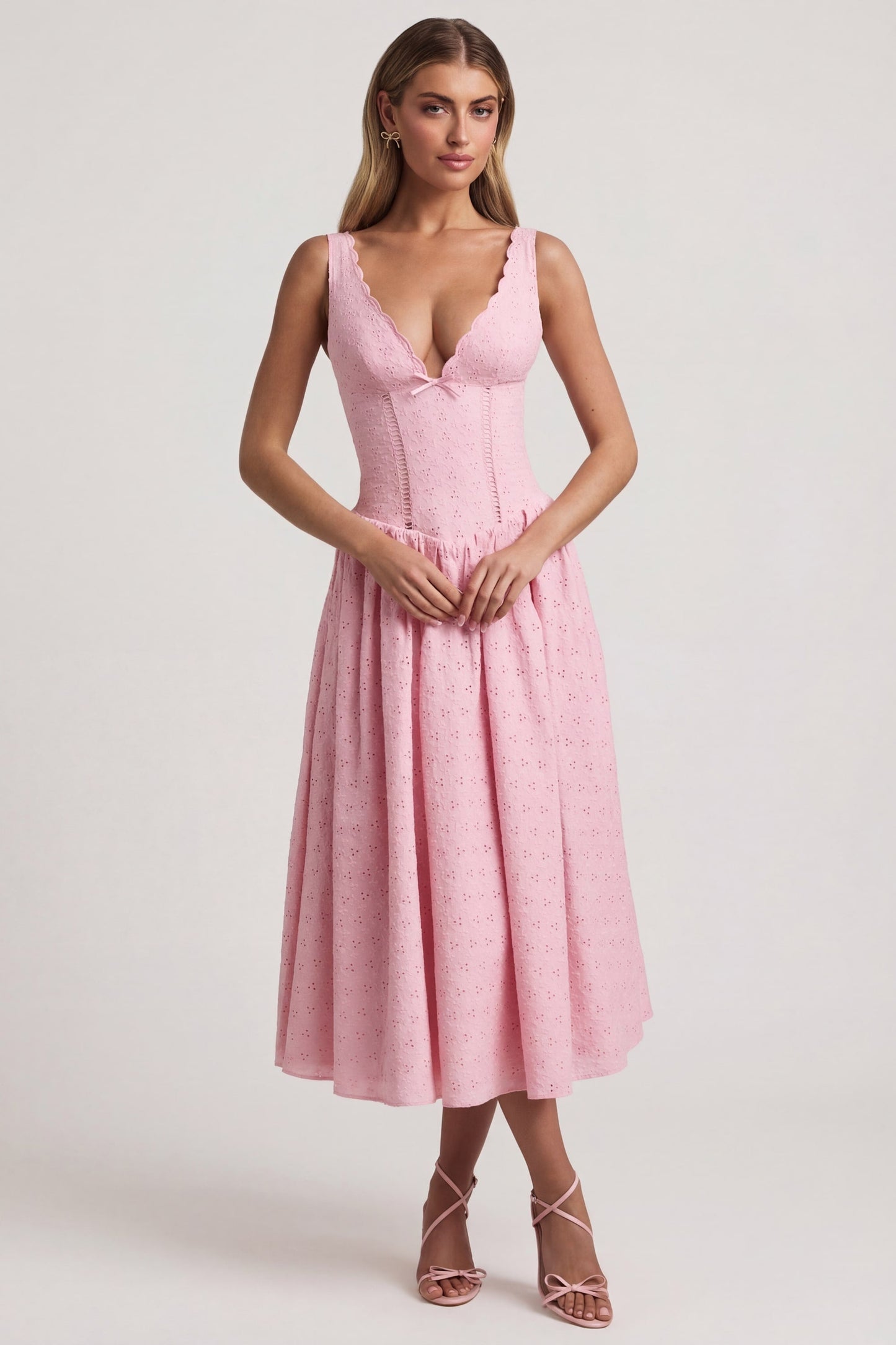 Broderie Anglaise Bow-Detail A-Line Midaxi Dress in Soft Pink