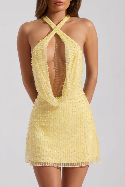 Embellished Cowl-Neck Backless Mini Dress in Yellow