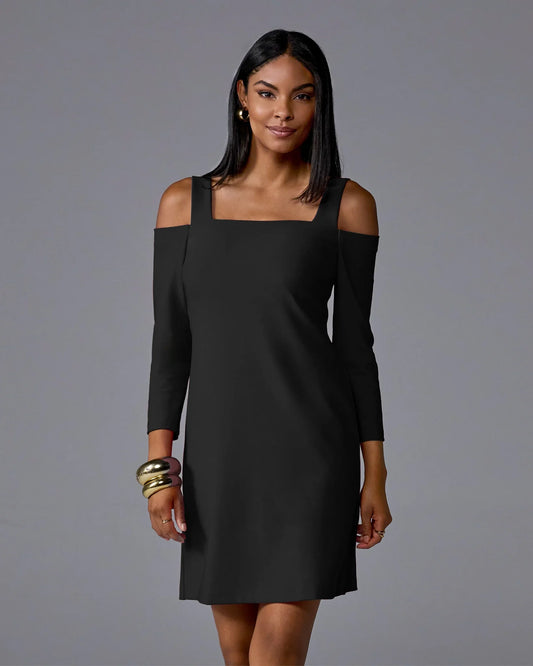 Beyond Travel Cold Shoulder Three Quarter Sleeve Dress Jet Black