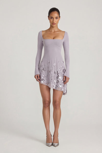 Embellished Appliqué Asymmetric Mini Dress in Lilac
