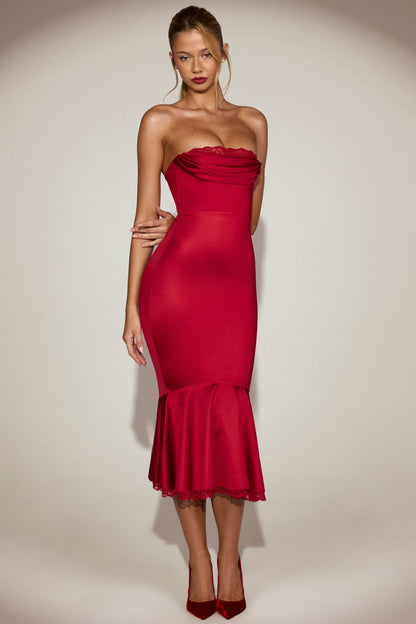 Satin Lace-Trim Bandeau Fluted Midaxi Dress in True Red