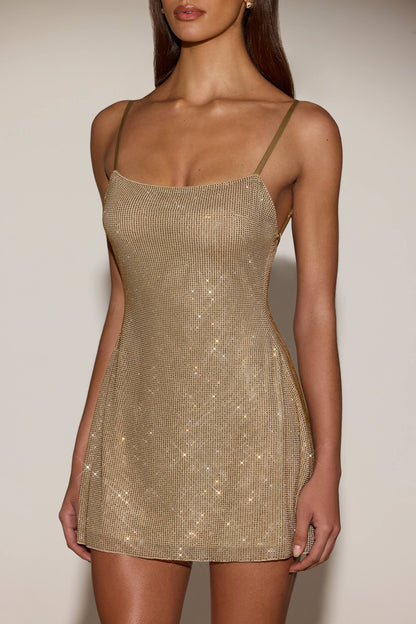 Embellished Soft-Scoop Backless Fitted Mini Dress in Gold