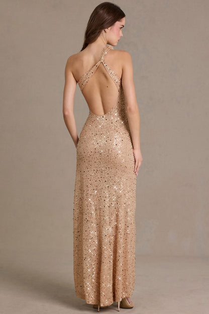 Embellished Asymmetric One-Shoulder Maxi Dress in Sand