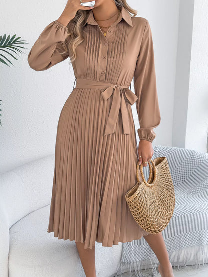 Pleated Tie Waist Balloon Sleeve Dress
