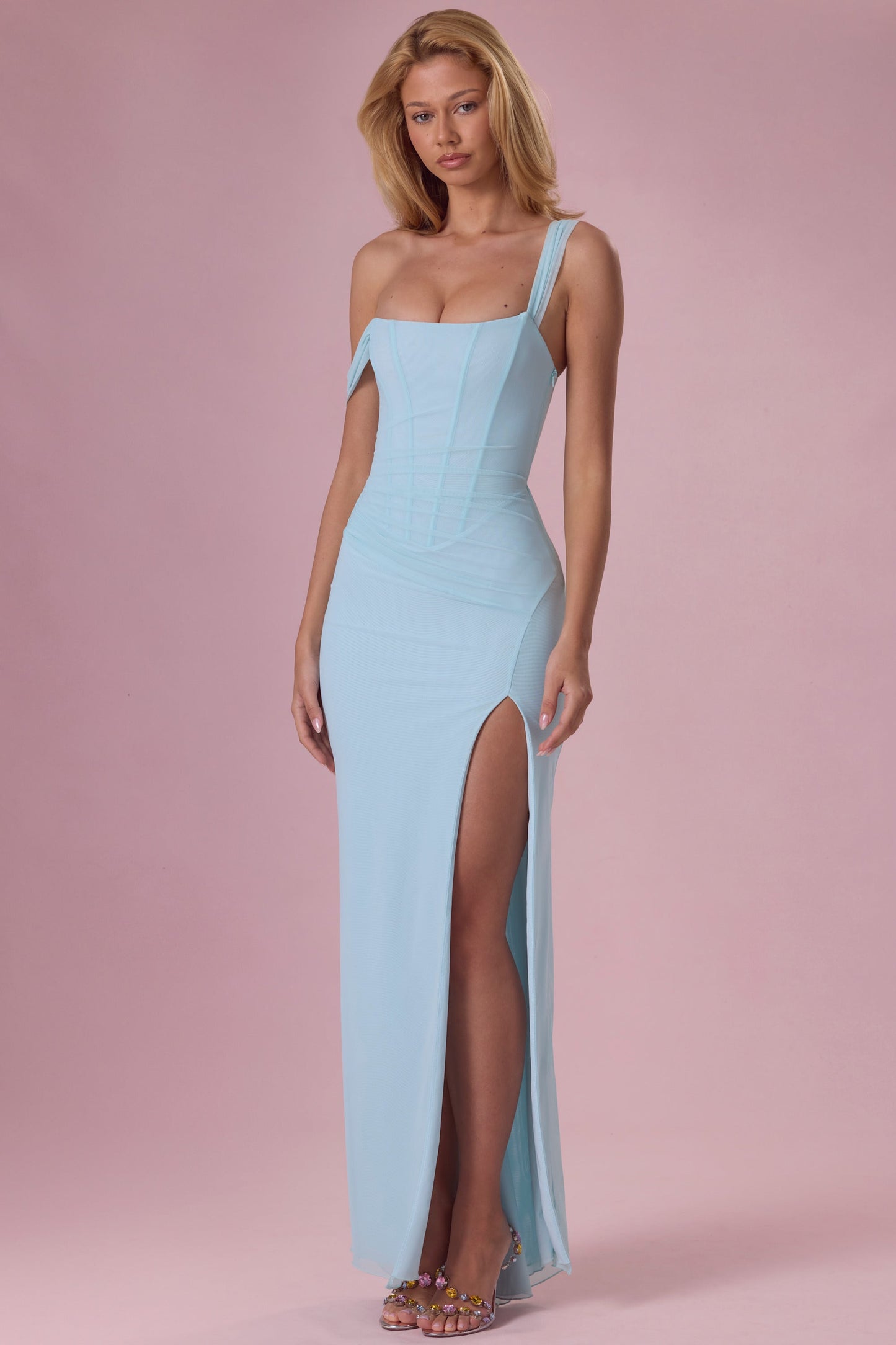 Mesh Draped Corset Gown in Light Blue