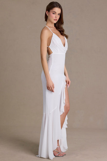 Chiffon Cowl-Neck Open-Back Gown in Snow