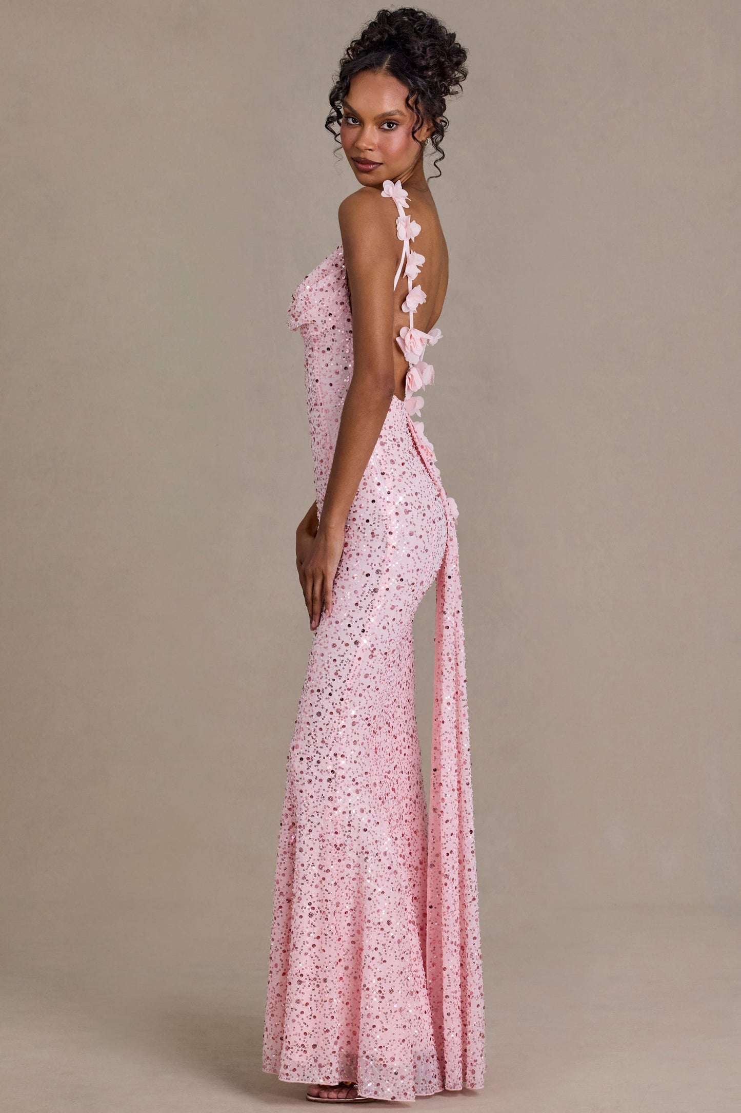 Embellished Open-Back Maxi Dress in Baby Pink