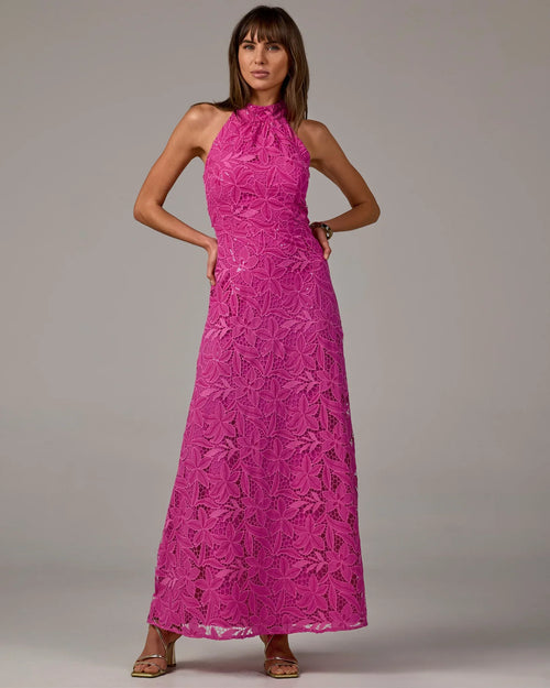 Sequin Lace Halter Neck Maxi Dress Raspberry Rose