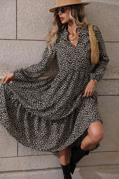 Leopard Notched Balloon Sleeve Dress