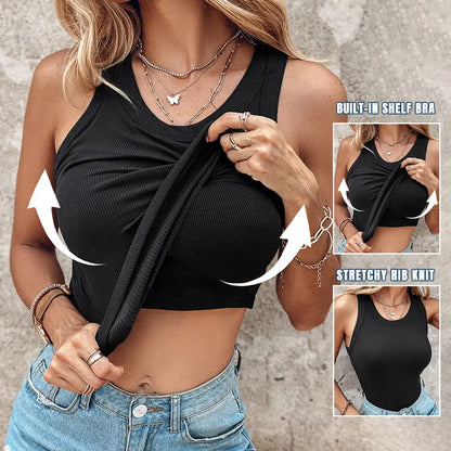 🍃Round Neck Built-in Bra Ribbed Tank Top