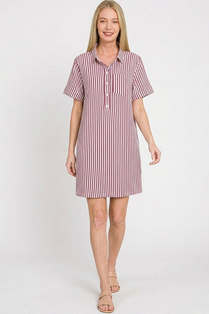 Zenana Stripe Collared Half Button Up T-Shirts Dress