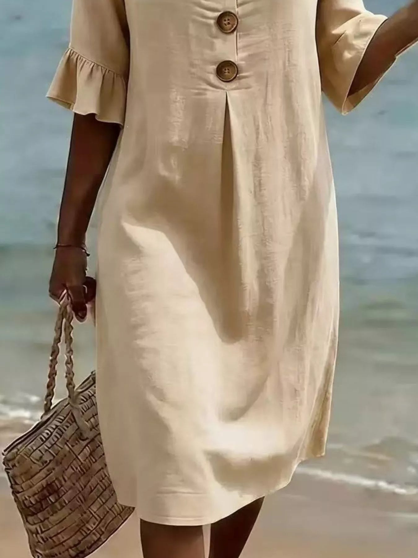 Full Size Button Decor Flounce Sleeve Dress Plus Size