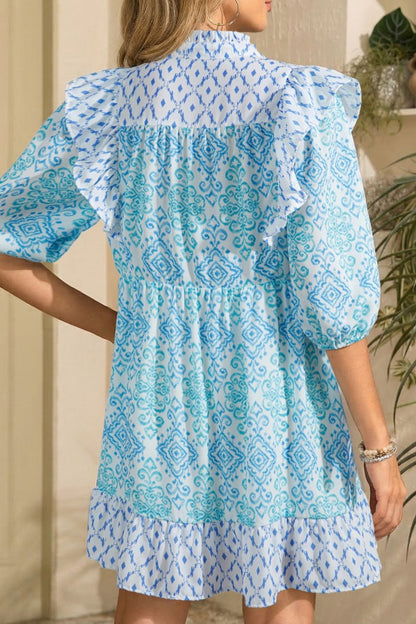Floral Geometric Patchwork Ruffle Detail Puff Sleeve Mini Dress