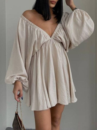 Deep V-Neck Balloon Sleeve Dress
