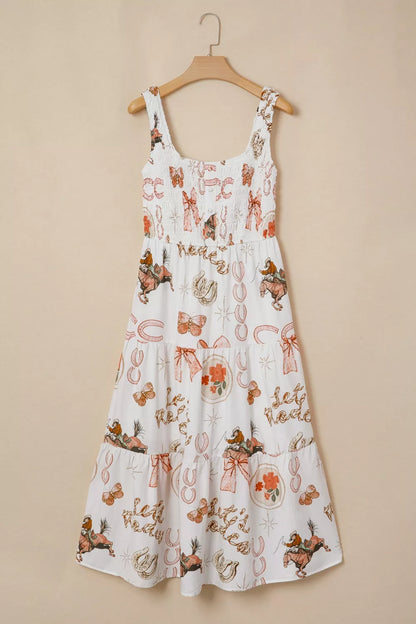 Western Horseshoe Print U-Neck Sleeveless Midi Dress