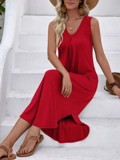 Casual Sleeveless V-Neck Pocket Midi Dress