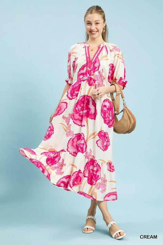 Umgee Floral Print Midi Dress with Contrast Trim