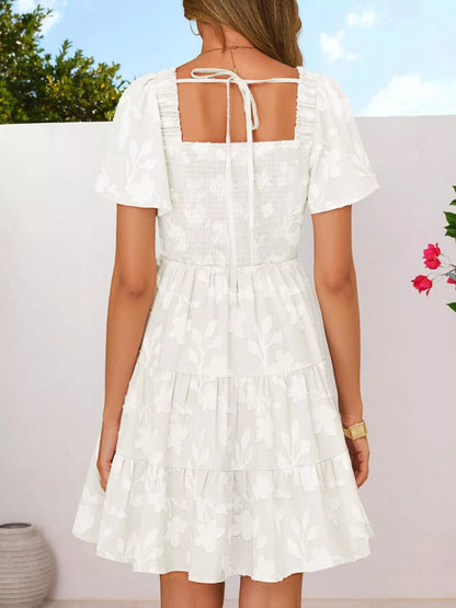 Smocked Square Neck Tiered Mini Dress
