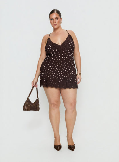 Call My Lover Lace Slip Mini Dress Brown Polka Curve