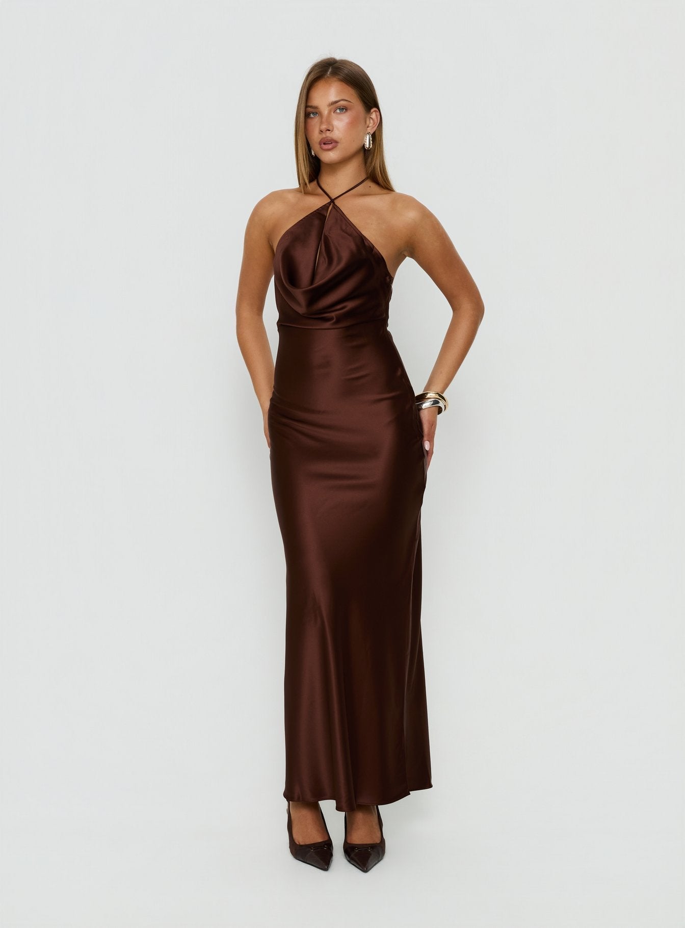 Yazmeina Halter Keyhole Maxi Dress Brown