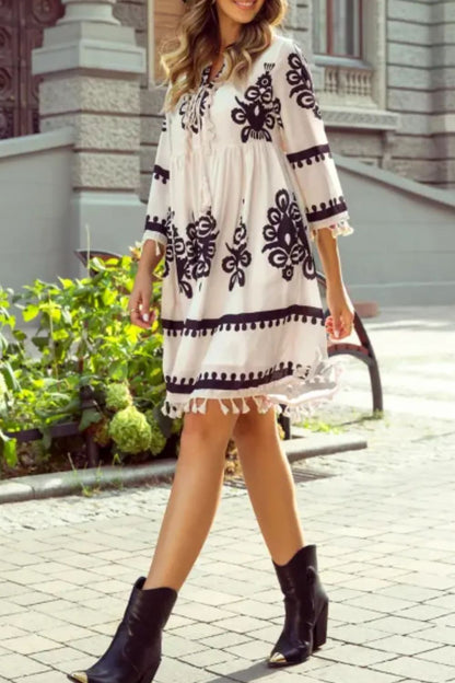 Tassel Hem 3/4 Sleeve Mini Dress