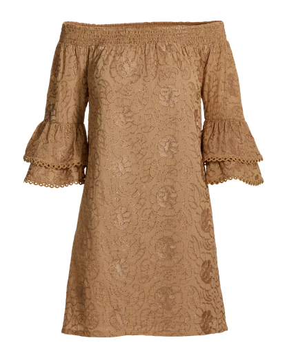 Metallic Woven Off The Shoulder Shift Dress Tan/Gold