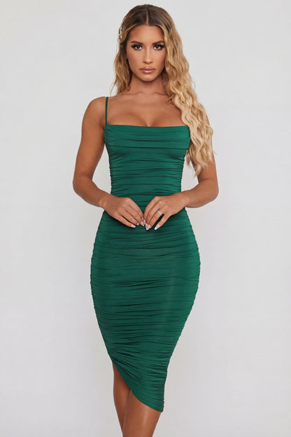 Cowl Neck Ruched Bodycon Midi Dress in Green
