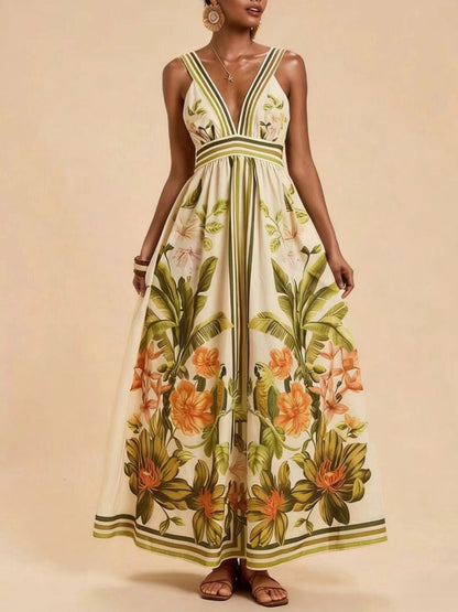 Tropical Print V-Neck Maxi Dress