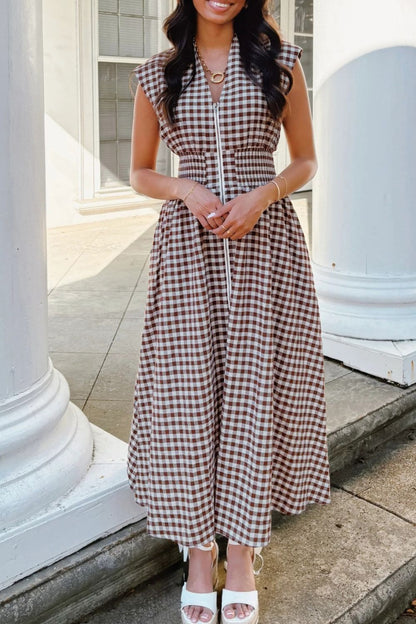 Gingham Zip-Front Midi Dress