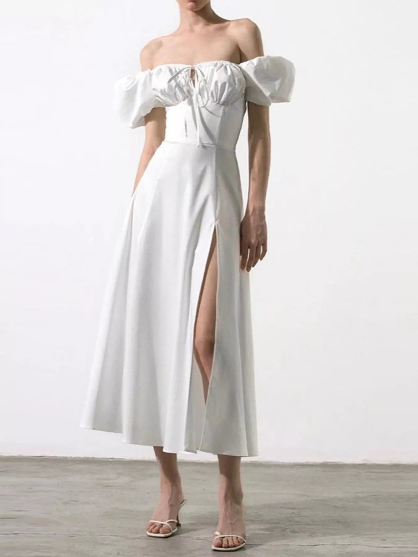Puff Sleeve Tie Front Slit Midi Dress