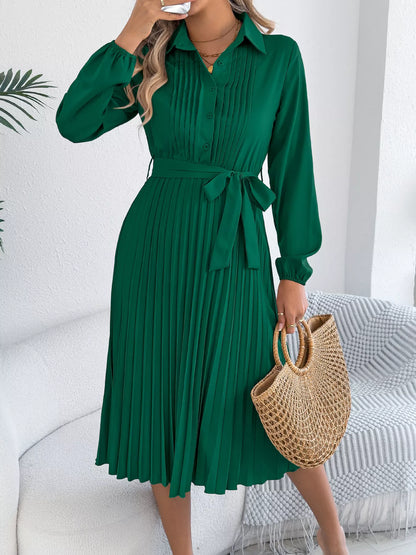 Pleated Tie Waist Balloon Sleeve Dress