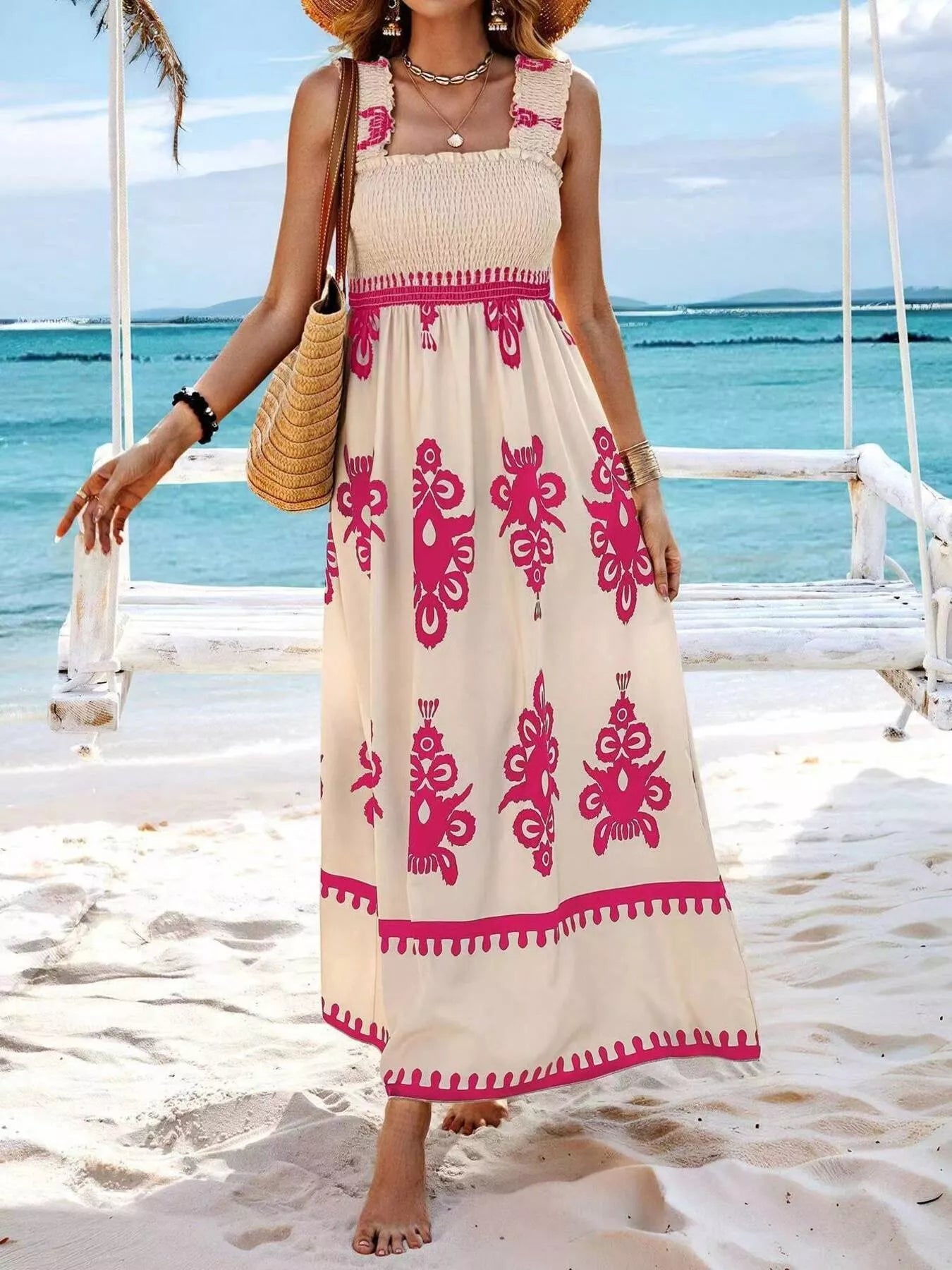 Smocked Printed Square Neck Maxi Dress