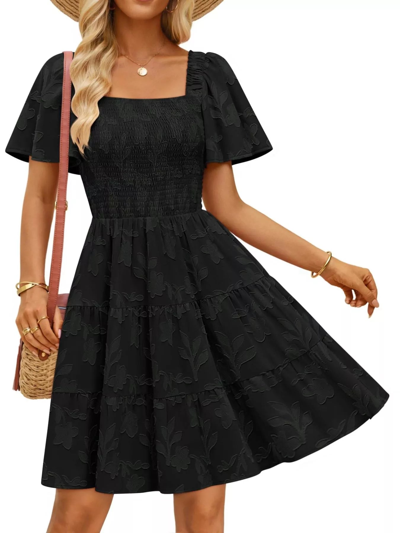 Smocked Square Neck Tiered Mini Dress