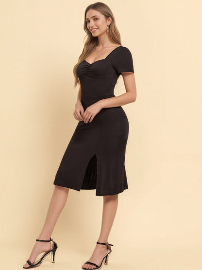 Sweetheart Neck Short Sleeve Slit Dress