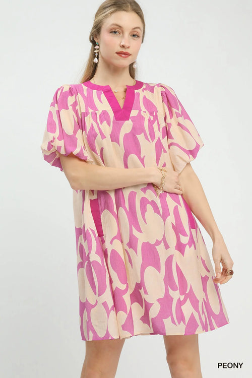 Umgee Abstract Print Puff Sleeve Shift Dress