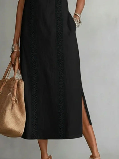 Side Slit Sleeveless Hollow-Out Trimmed Midi Dress