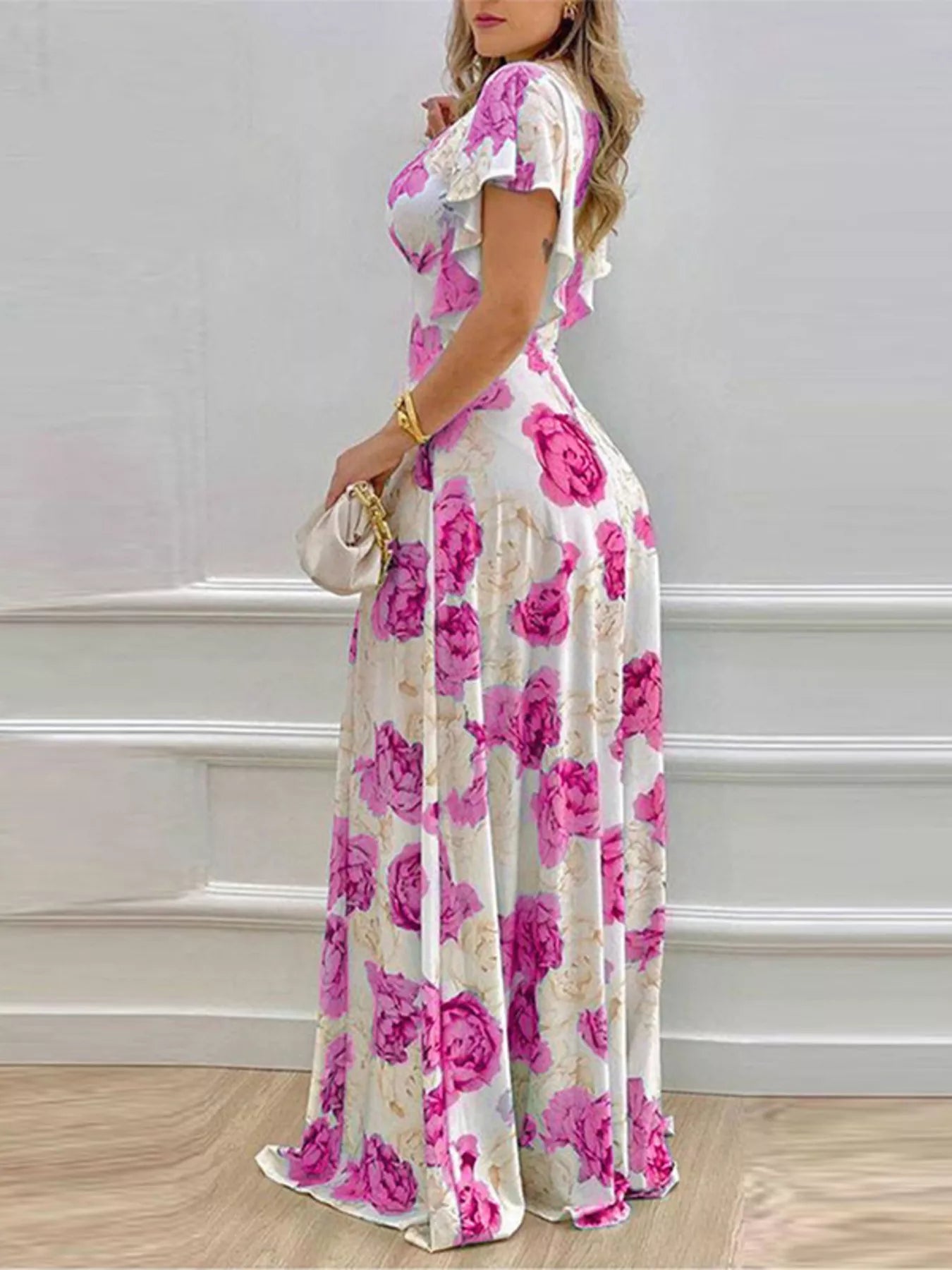 Floral Print V-Neck Ruffle Sleeve Maxi Dress