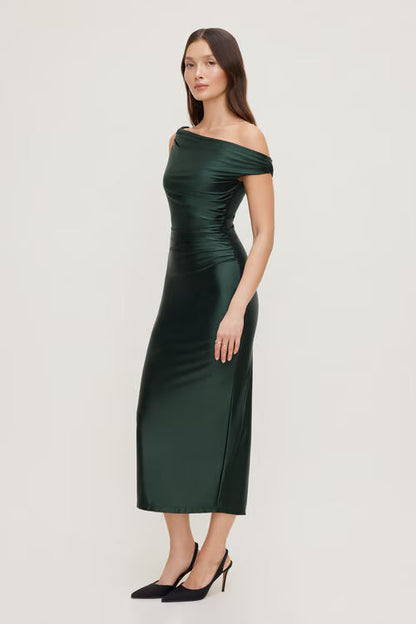 Jayde Stretch Satin Maxi Dress-Scarab Green