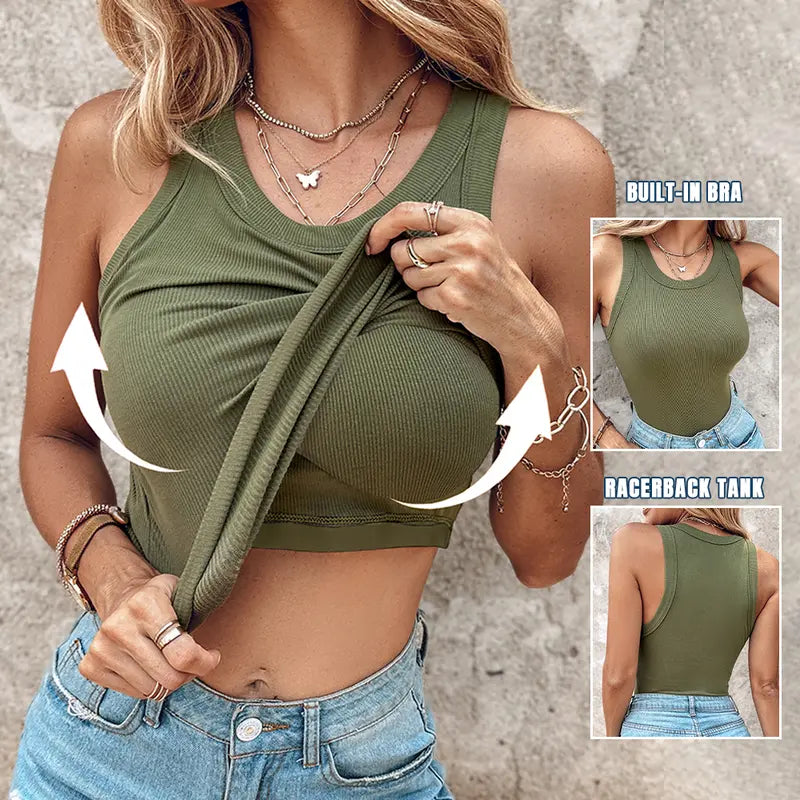 🍃Round Neck Built-in Bra Ribbed Tank Top