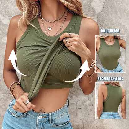 🍃Round Neck Built-in Bra Ribbed Tank Top