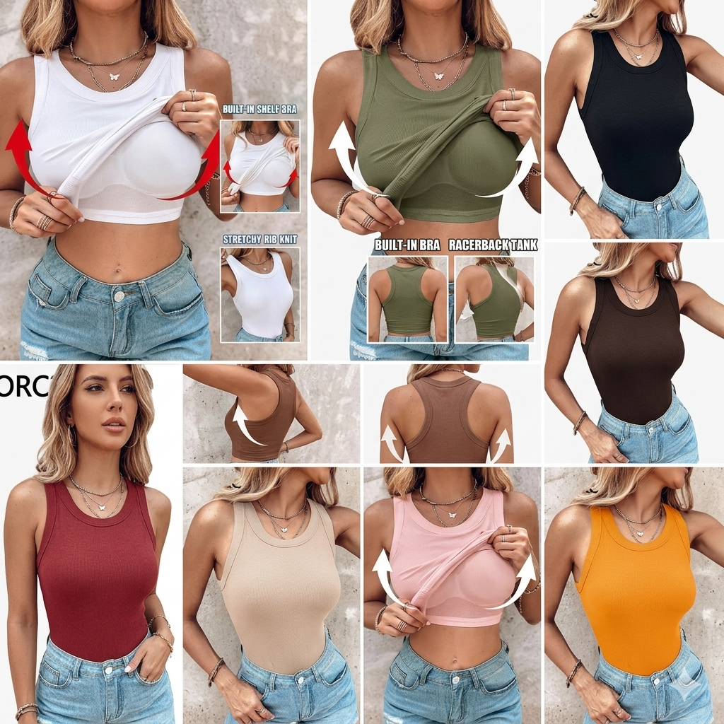 🍃Round Neck Built-in Bra Ribbed Tank Top