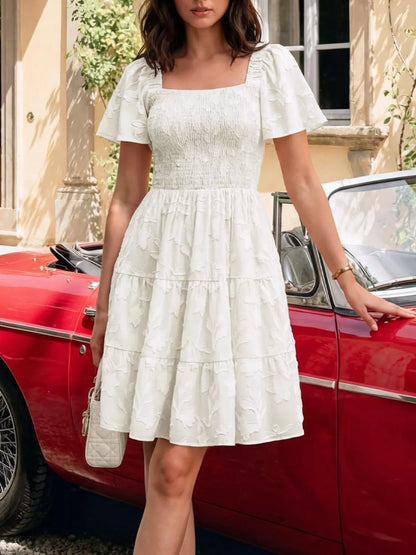 Smocked Square Neck Tiered Mini Dress