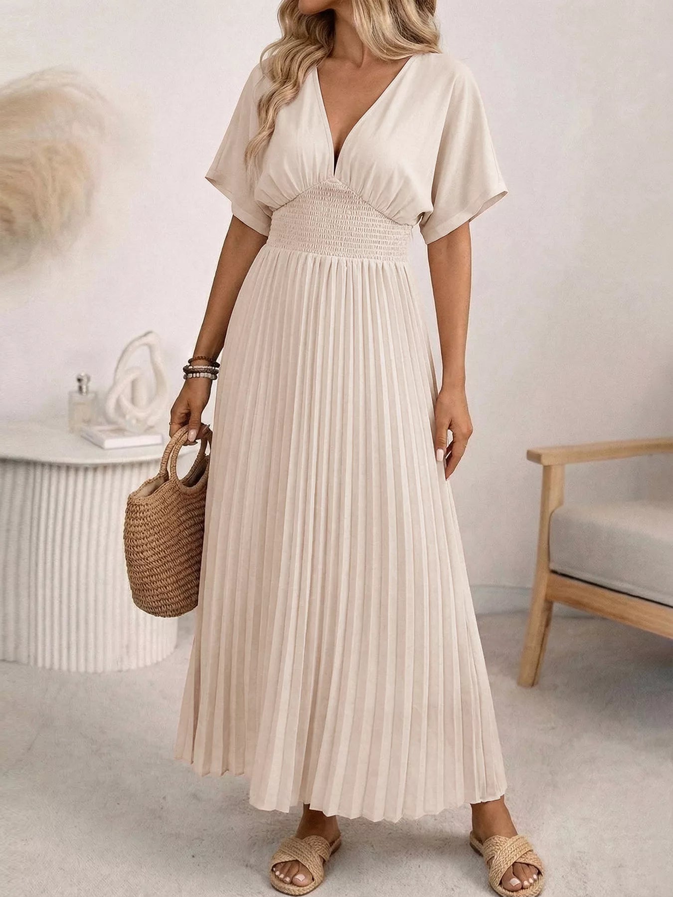 Pleated V-Neck Midi Dress