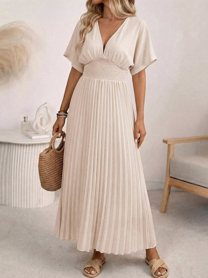 Pleated V-Neck Midi Dress