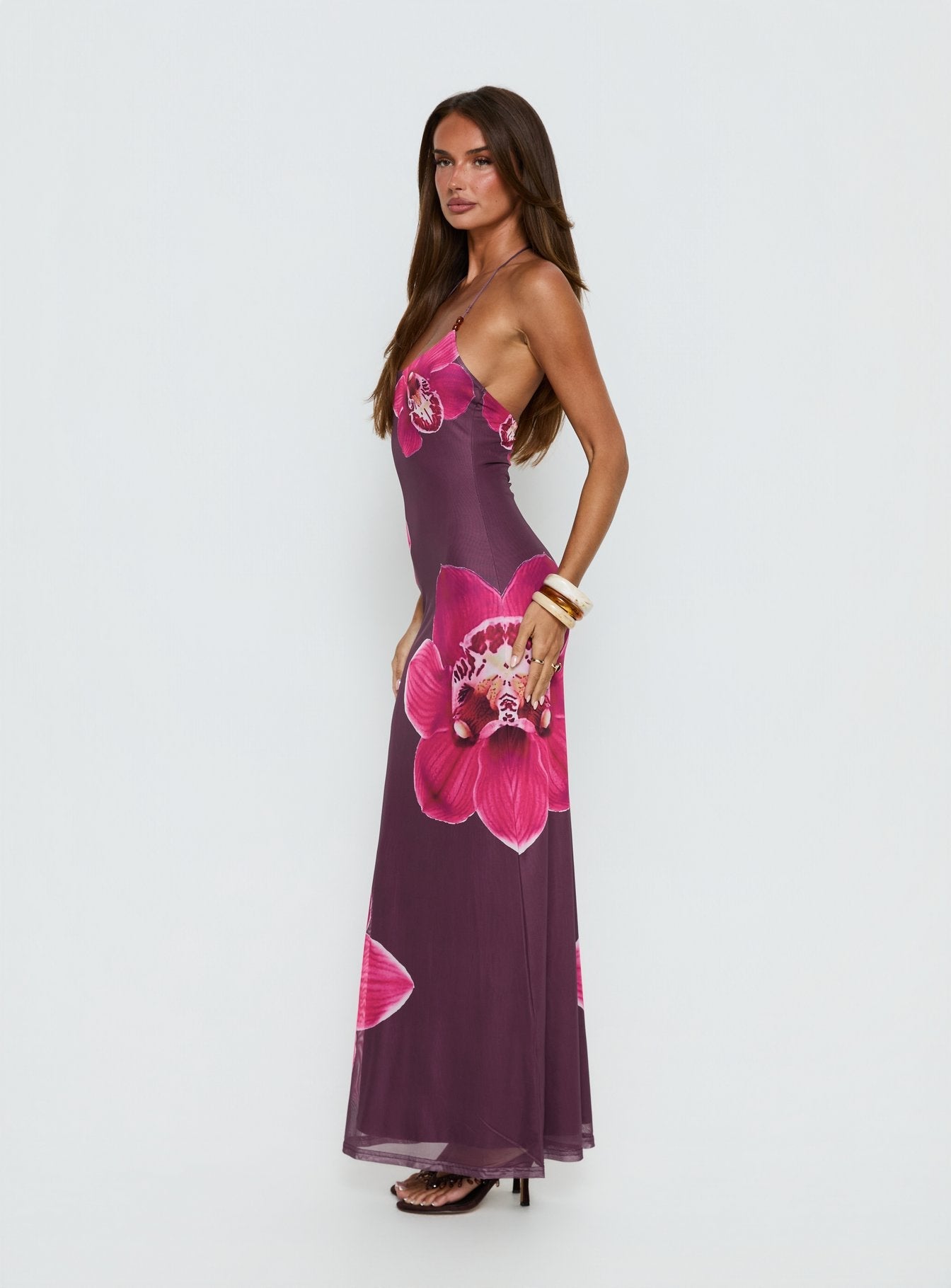 Kamina Beaded Halter Maxi Dress Plum Floral