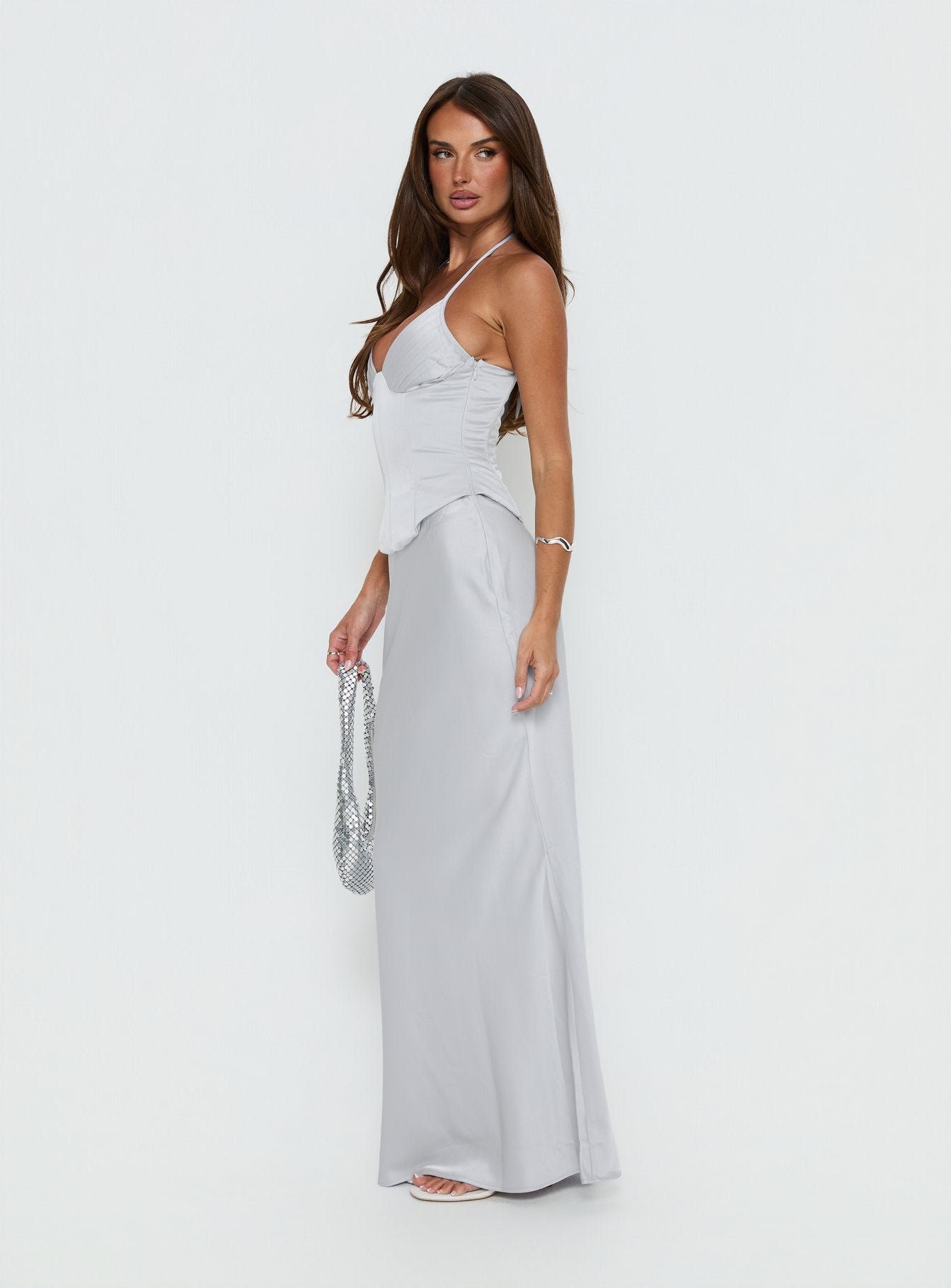 Devotedness Satin Corset Maxi Dress Silver