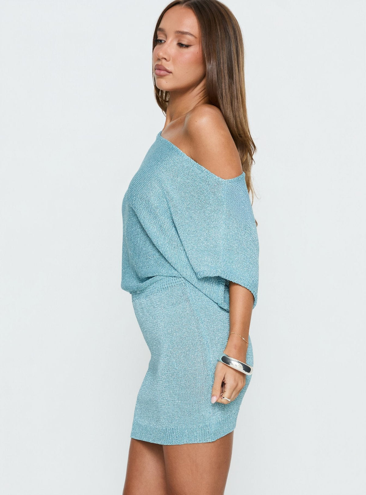 Kysa Off Shoulder Knit Mini Dress Ocean Blue