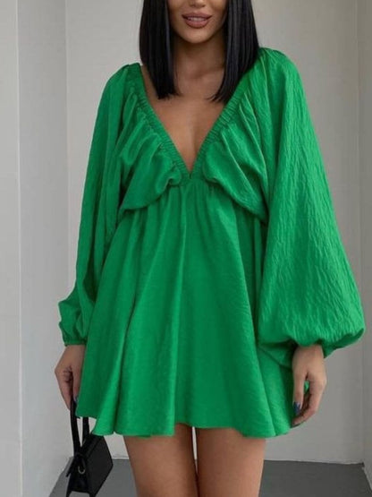 Deep V-Neck Balloon Sleeve Dress