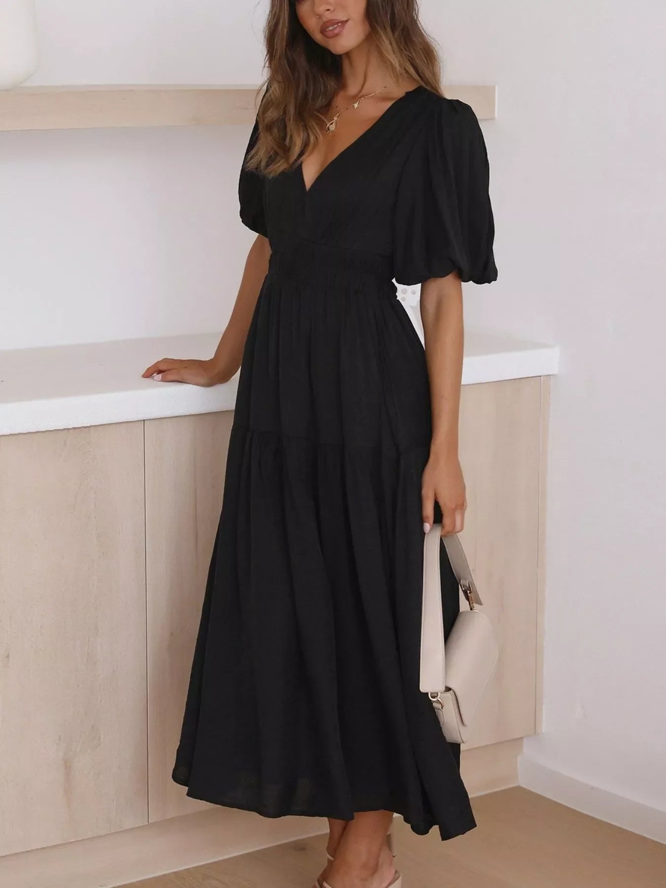 V-Neck Puff Sleeve Midi Dress