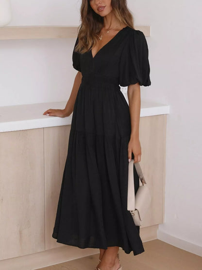 V-Neck Puff Sleeve Midi Dress